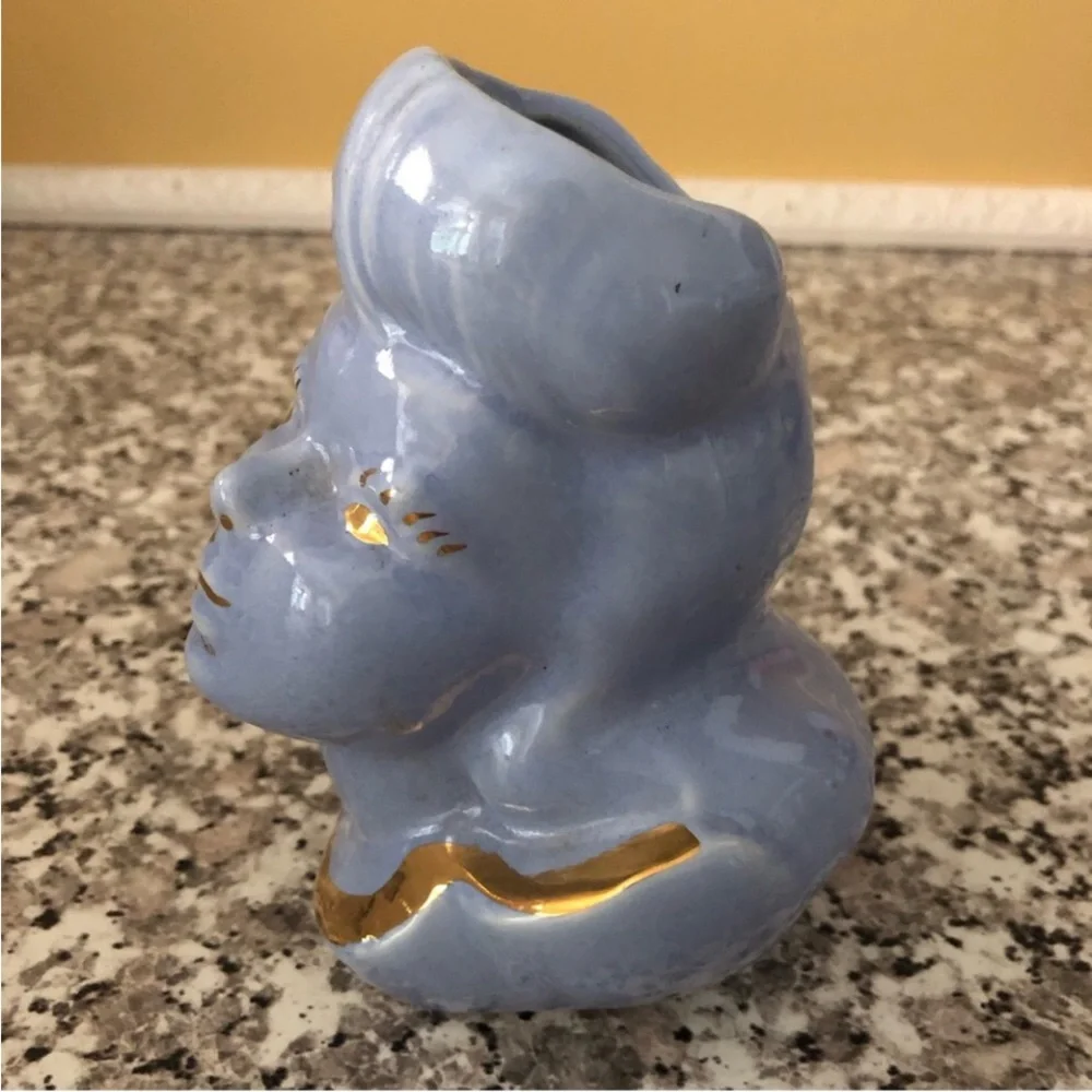 Vase glamour girl head planter lady blue gold ceramic pastel Vintage 1950s - Picture 5 of 8